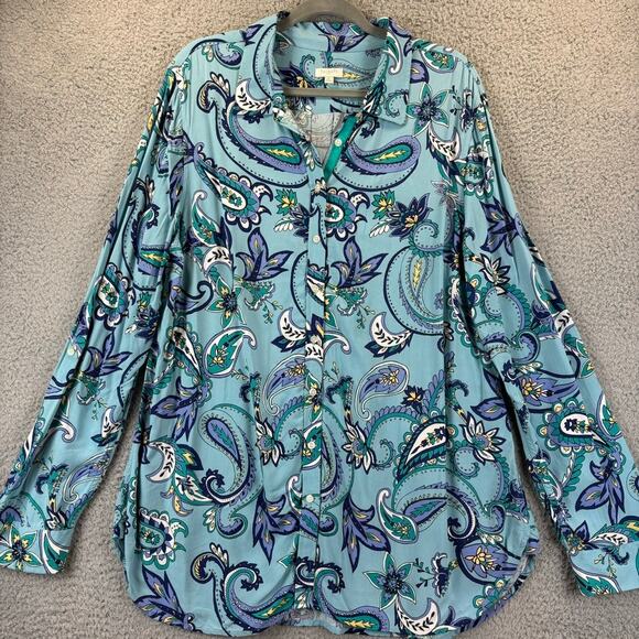 Talbots Blouse XL Blue Paisley Boho Preppy Floral Whimsical Colorful Roll Tab - Picture 2 of 10